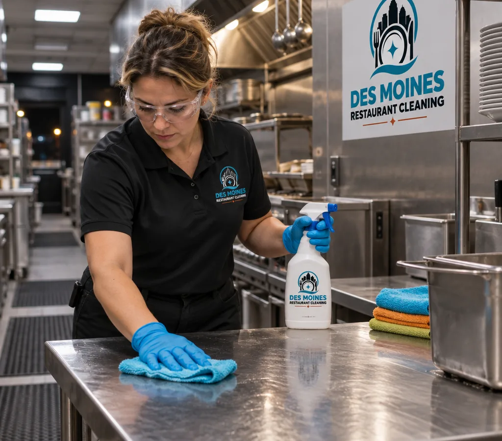 Professional cleaner sanitizing stainless prep tables and touchpoints in a restaurant kitchen after hours