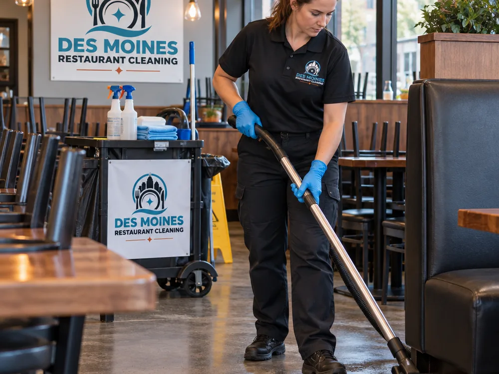 Cleaner vacuuming and spot-mopping a restaurant dining room with chairs staged