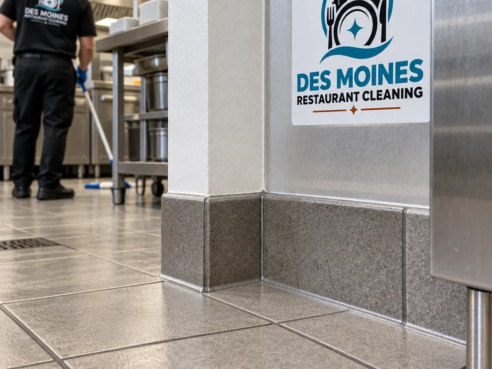 Clean commercial kitchen floor corner with restored grout lines after degreasing