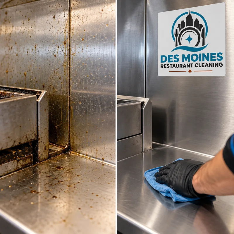 Cleaned stainless backsplash and equipment side panels with grease-free seams