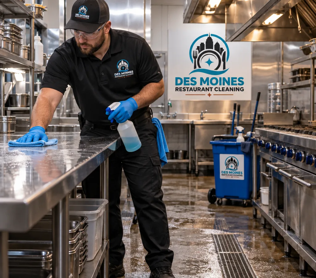 Technician cleaning stainless equipment in an after-hours commercial kitchen