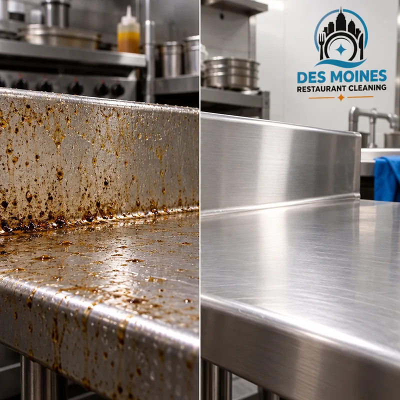 Stainless prep table edge and backsplash after grease buildup removal