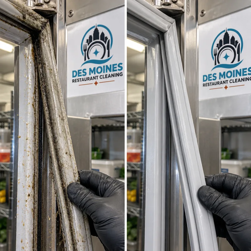 Cleaned walk-in cooler door gasket and track after grime and residue removal