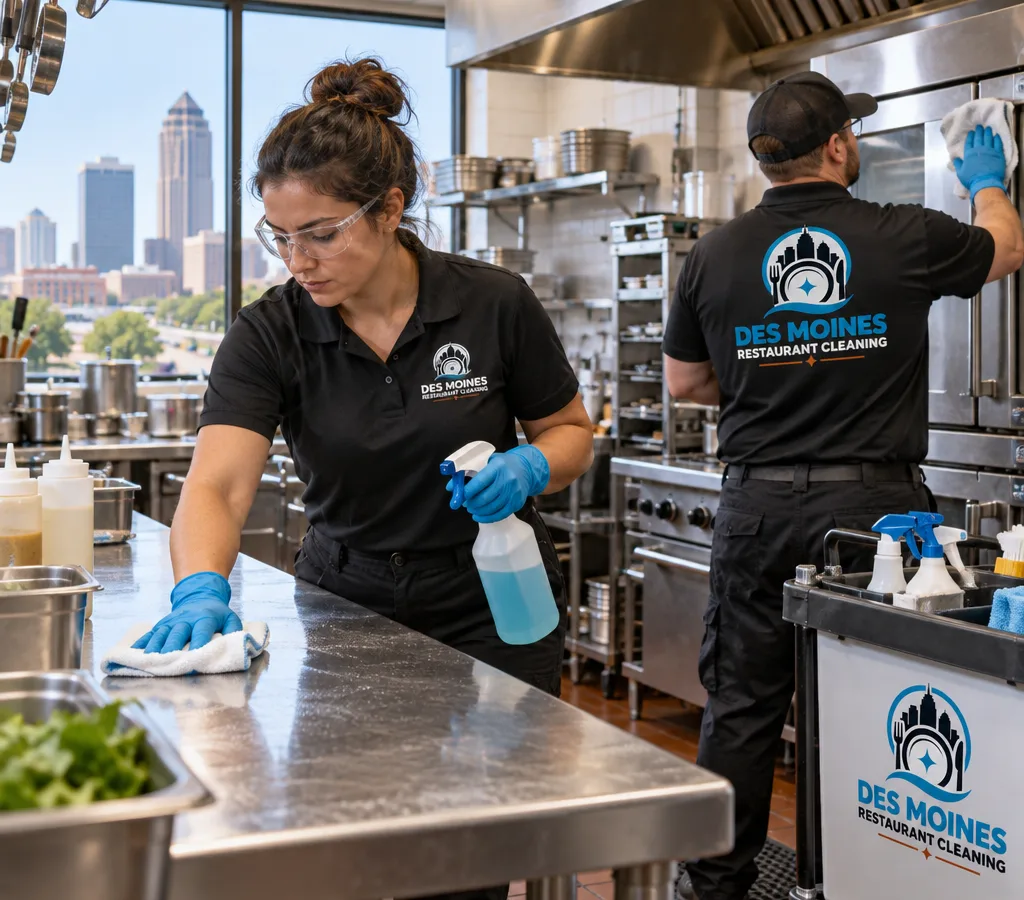 Professional cleaners deep cleaning stainless prep tables and equipment in a Des Moines commercial kitchen