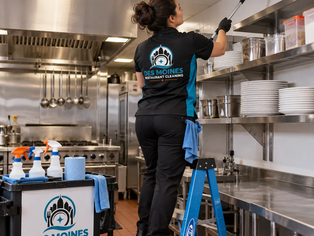 Cleaner performing high dusting from a step ladder in a protected commercial kitchen