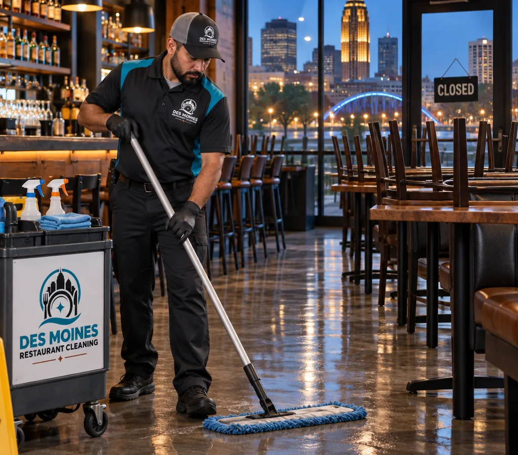 Technician mopping a staged restaurant dining room after hours in Des Moines