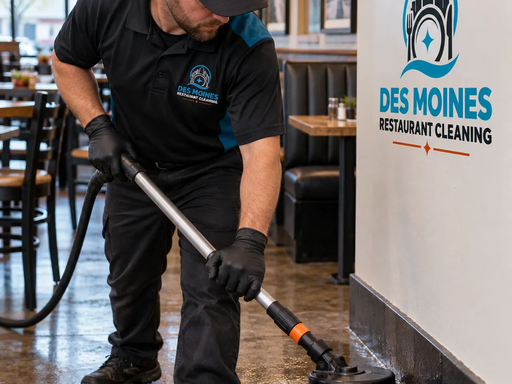 Technician detail-scrubbing a restaurant dining room floor edge and baseboard
