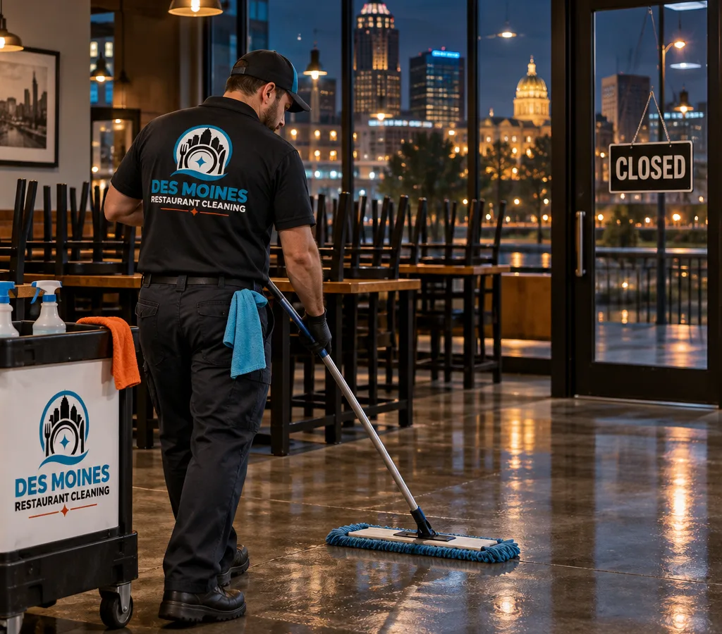 After-hours Des Moines restaurant dining room with chairs raised and freshly cleaned floors