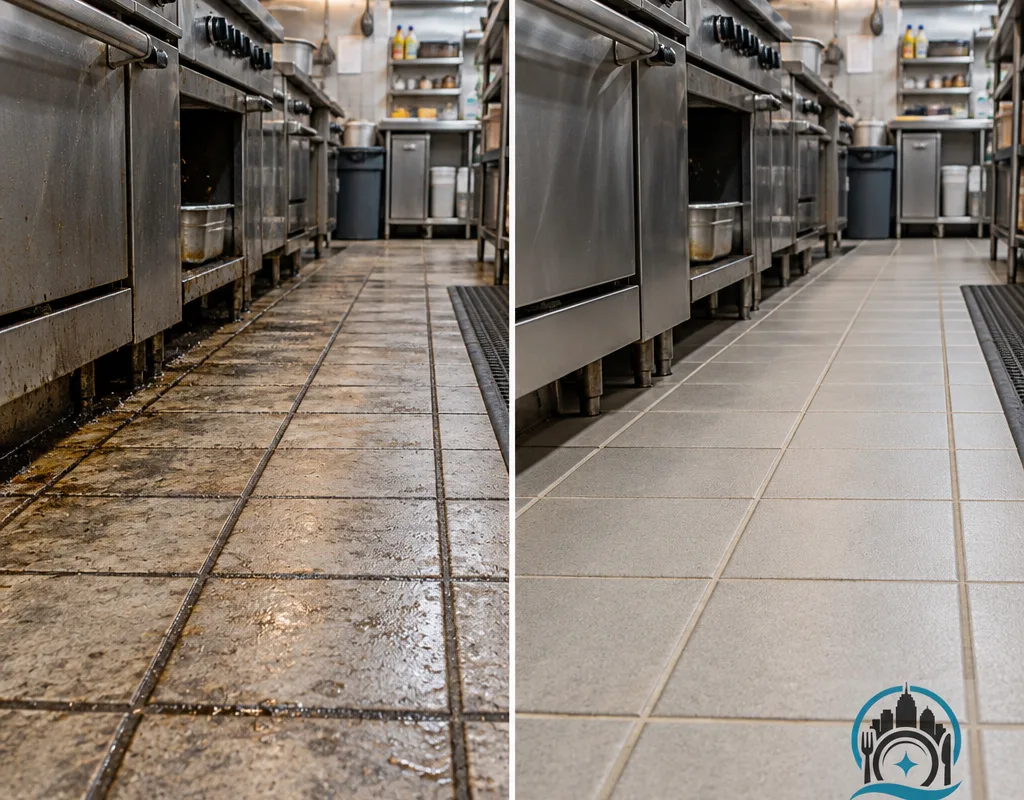 Before and after comparison of greasy cookline tile and cleaned grout with a residue-free finish