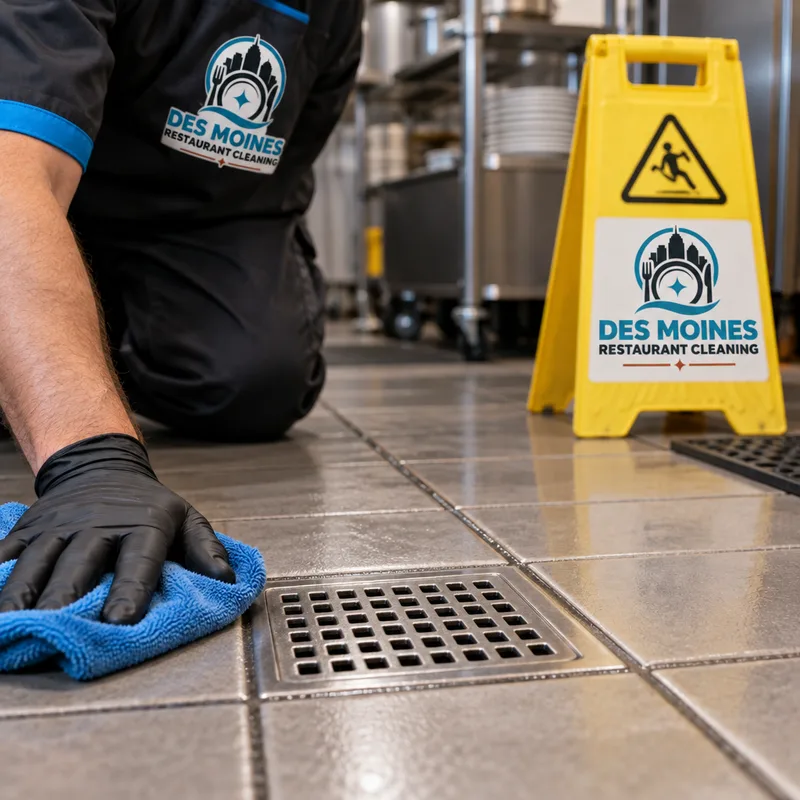 Clean commercial kitchen floor drain perimeter with restored grout and no pooled dirty solution