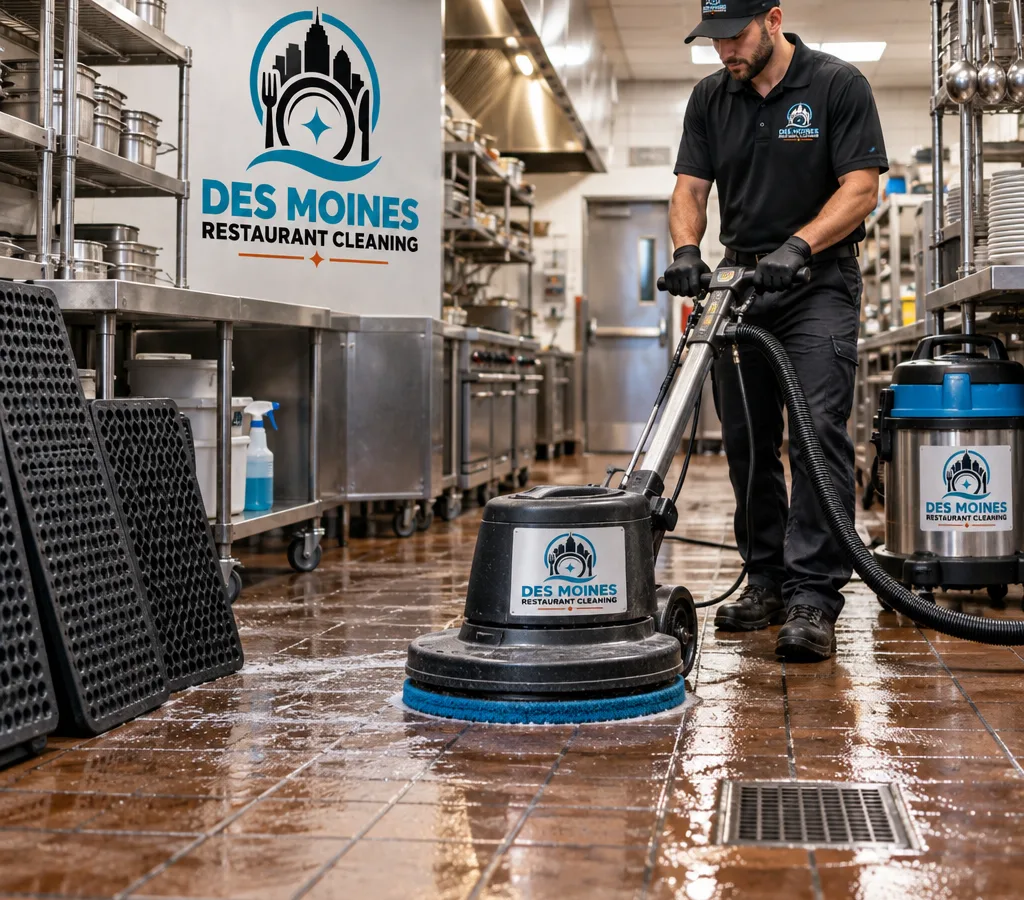 Technician using a rotary scrubber and wet vacuum on commercial kitchen tile after hours