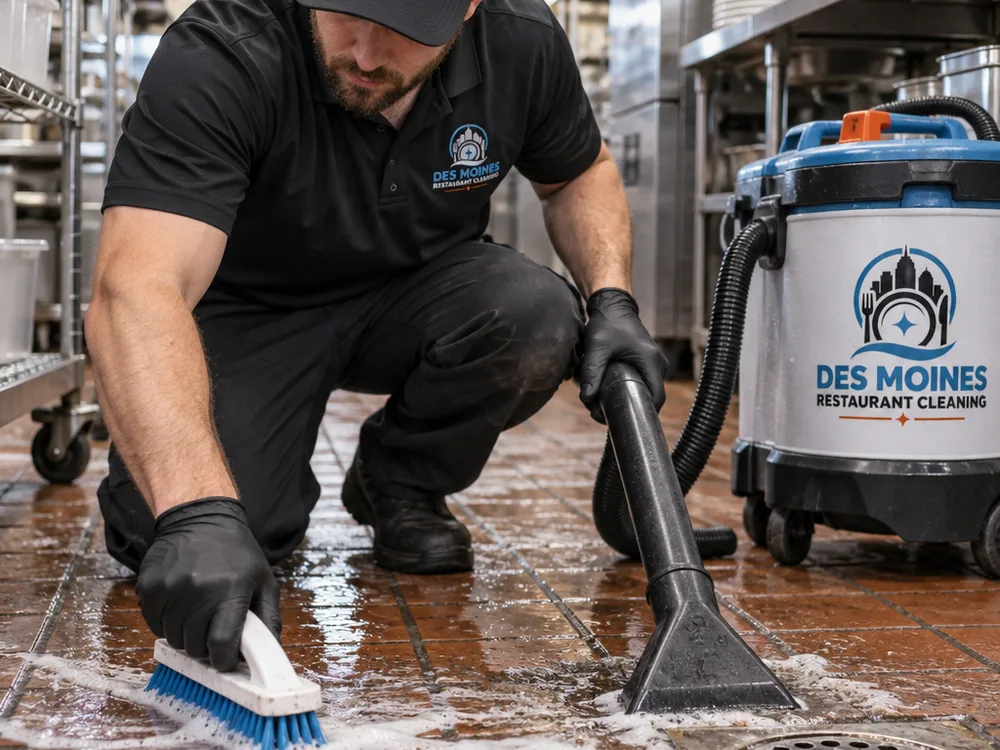 Foamed degreaser and a stiff brush cleaning a quarry tile grout line beside a wet vacuum wand