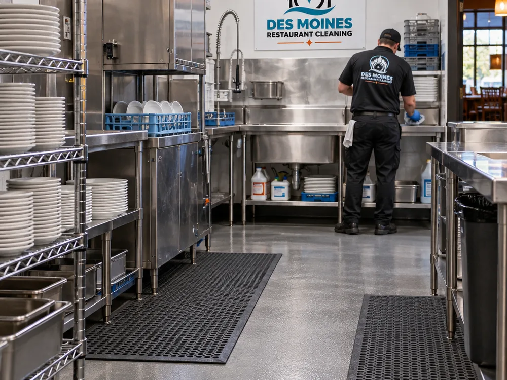 Restaurant dish area after floor cleaning with textured flooring, reset mats, and clear walk paths