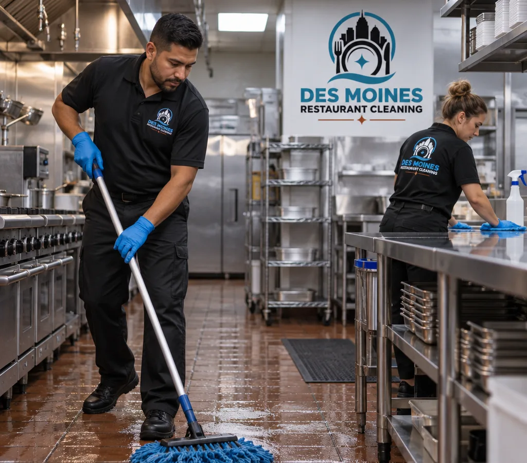 After-hours restaurant cleaners mopping a commercial kitchen aisle and wiping stainless prep tables