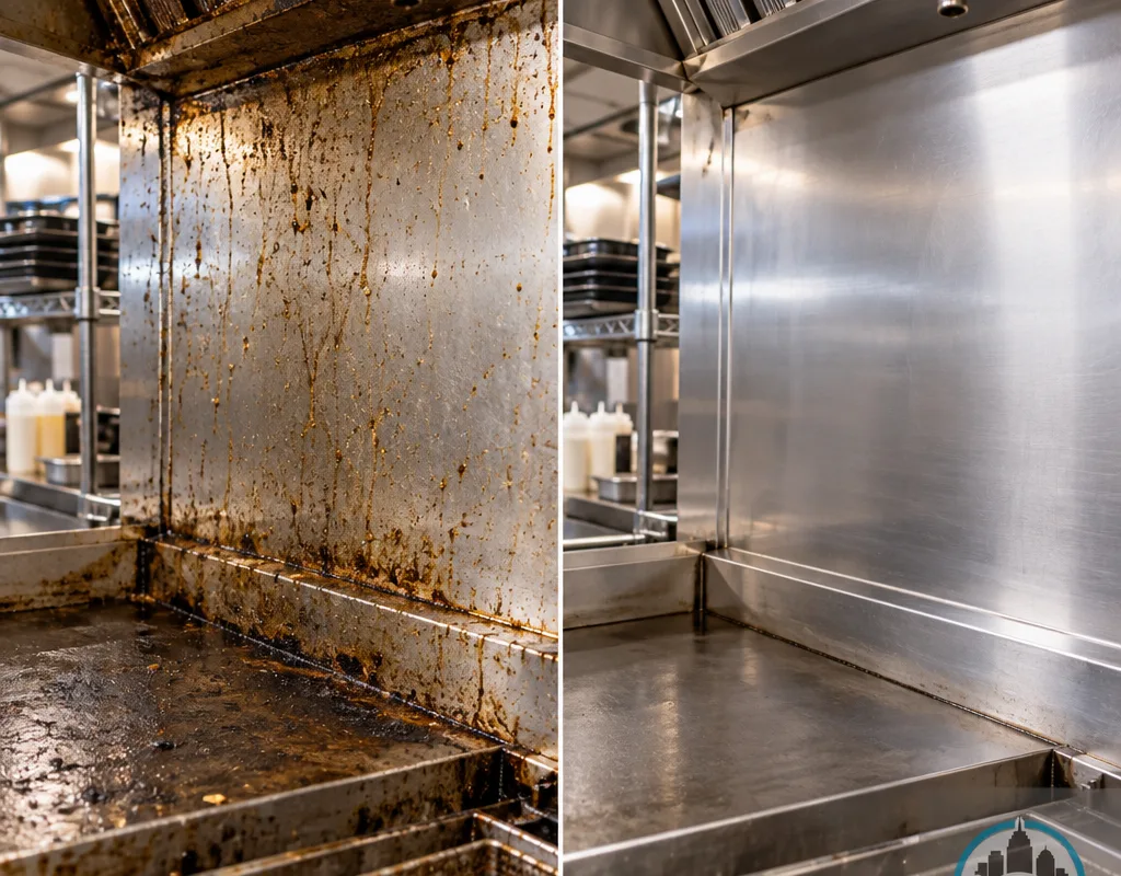 Before-and-after comparison of a greasy cook-line wall and stainless edge after cleaning