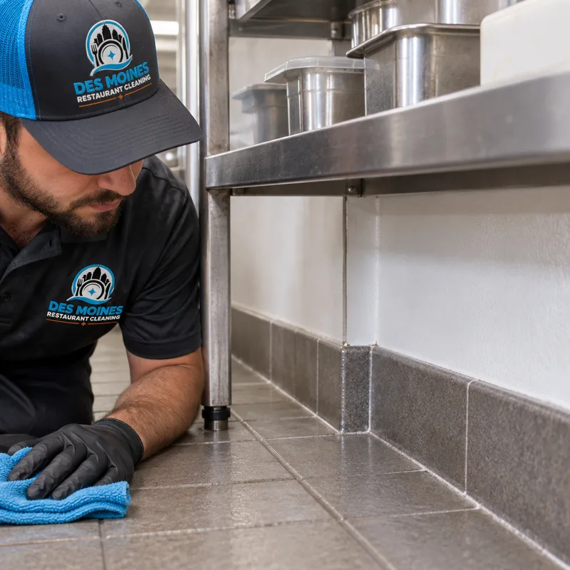 Clean floor corner and cove base behind a commercial prep table