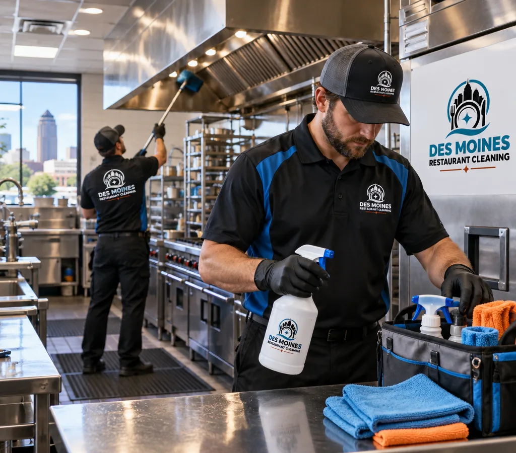 Commercial restaurant kitchen in West Des Moines with a technician staging food-safe cleaning tools