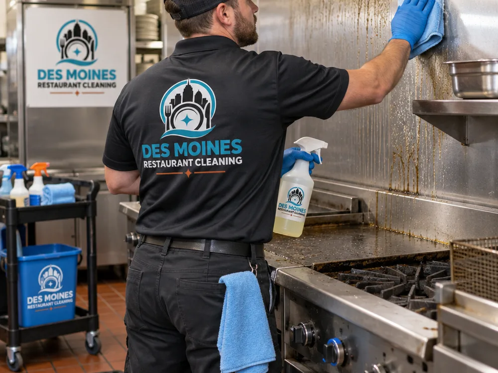 Technician cleaning a cook-line wall and stainless surface with food-safe degreaser
