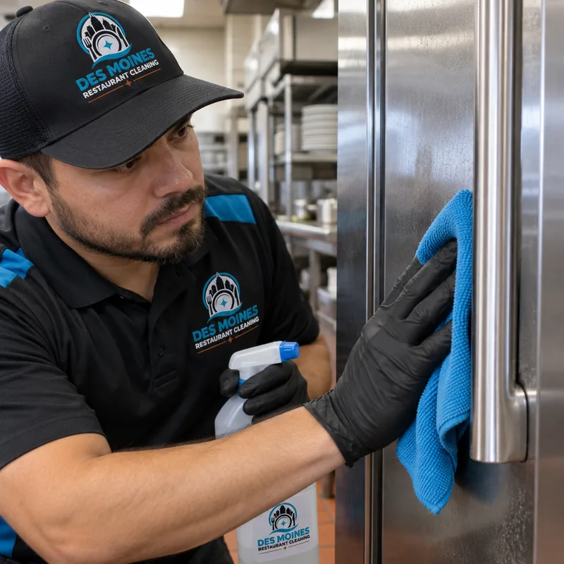 Technician removing grease film from a stainless commercial refrigerator door and handle