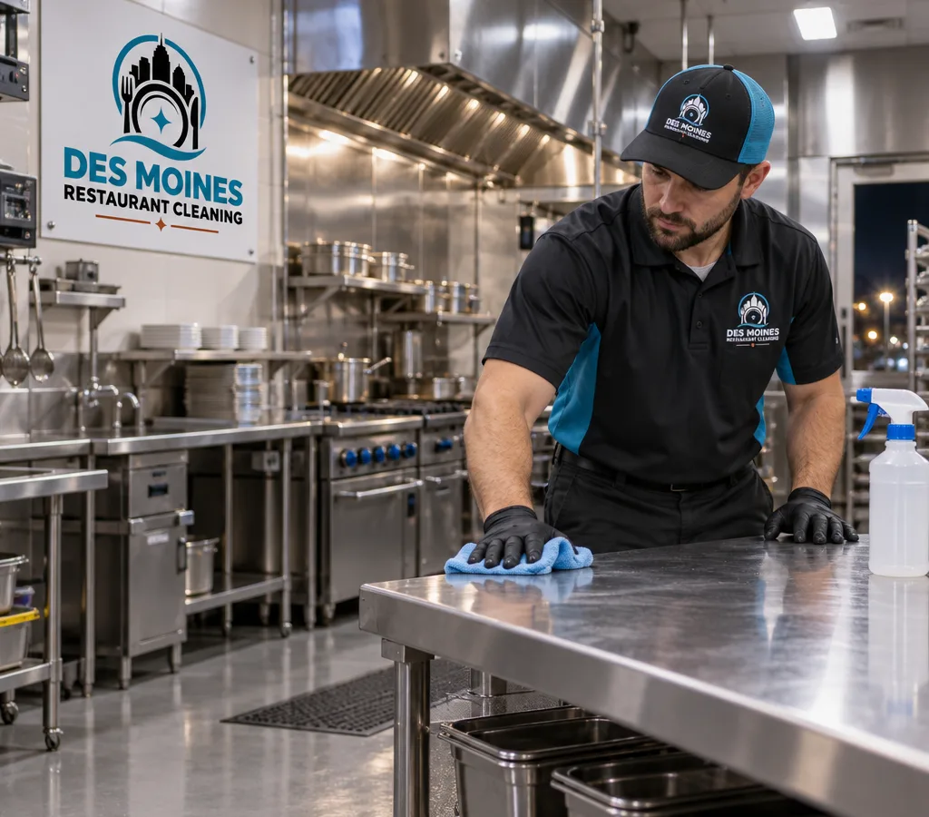 After-hours technician cleaning stainless prep tables and equipment in an organized commercial kitchen