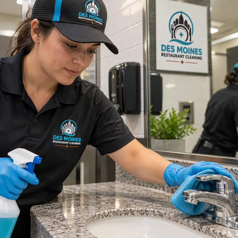 Gloved cleaner disinfecting a restroom sink fixture and counter