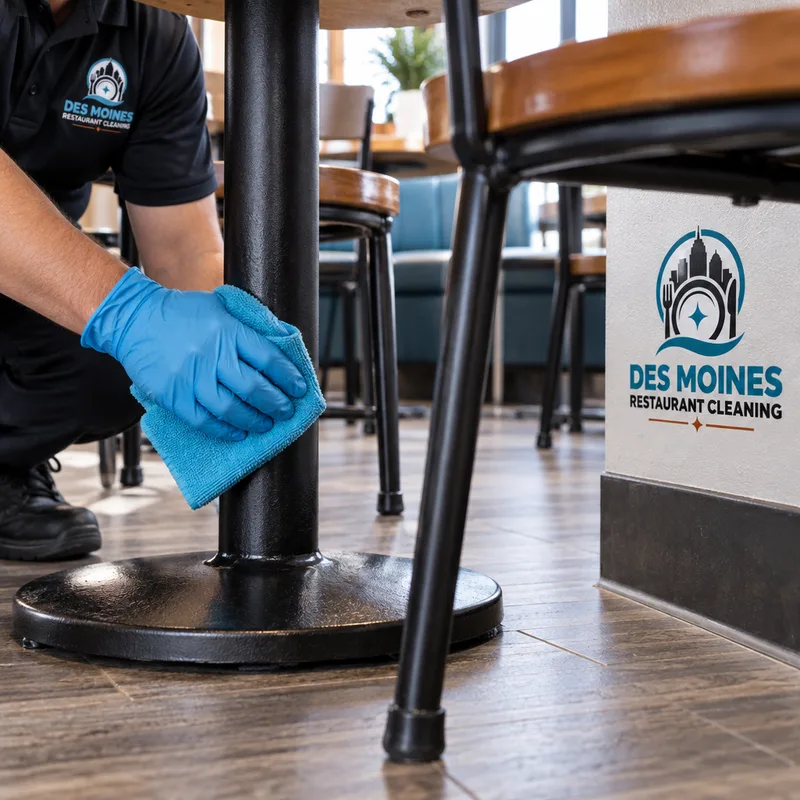 Sanitized table bases and chair legs beside clean dining-area floor edges
