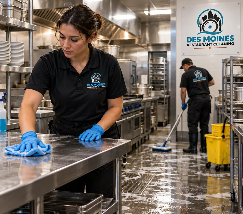 After-hours cleaner wiping a stainless prep table beside freshly scrubbed restaurant floors