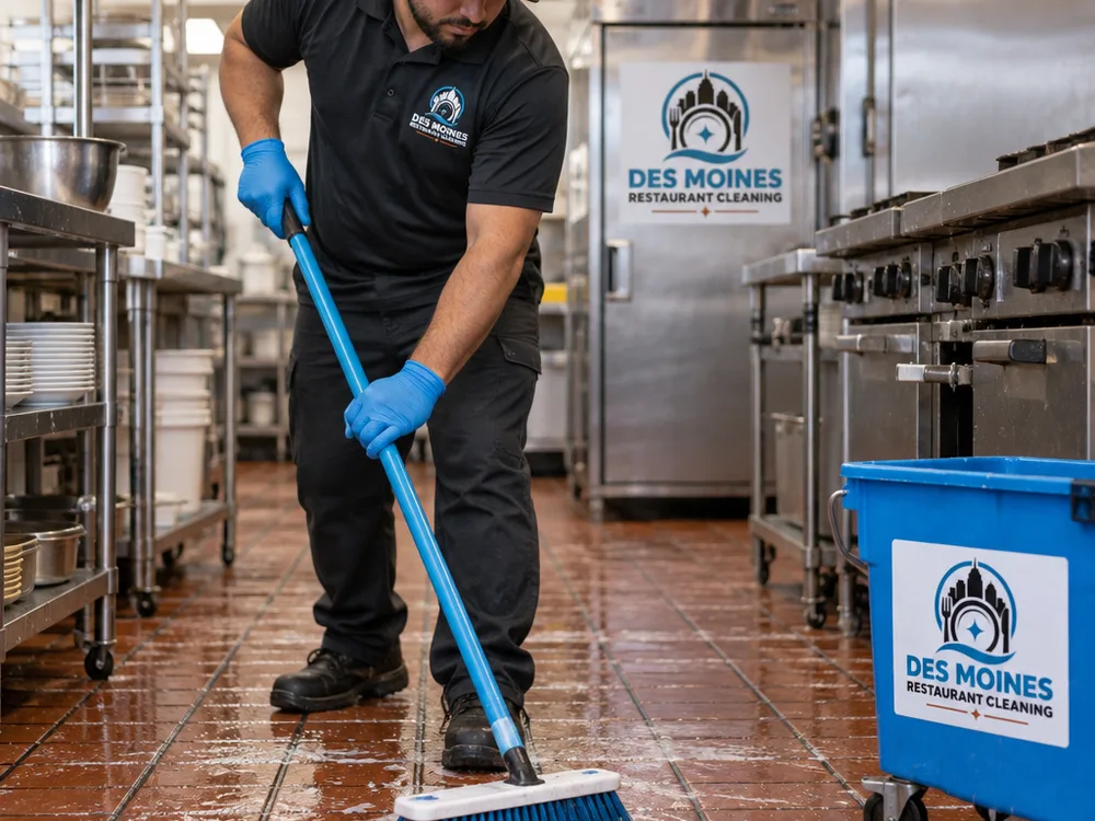 Cleaner using a deck brush on quarry tile flooring with stainless restaurant equipment behind