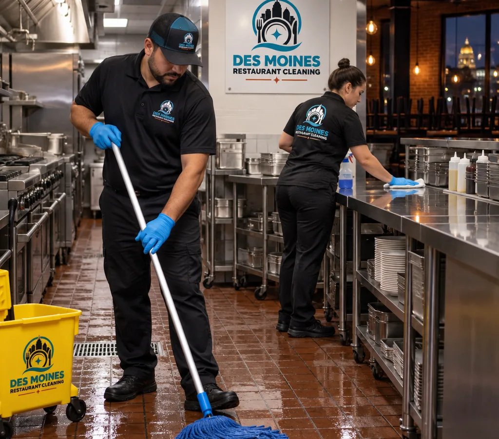 After-hours restaurant cleaning crew mopping a commercial kitchen floor and wiping stainless prep tables