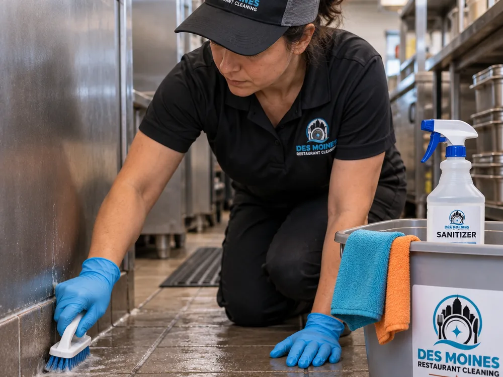 Cleaner detailing grout lines and floor edges along a commercial kitchen cove base
