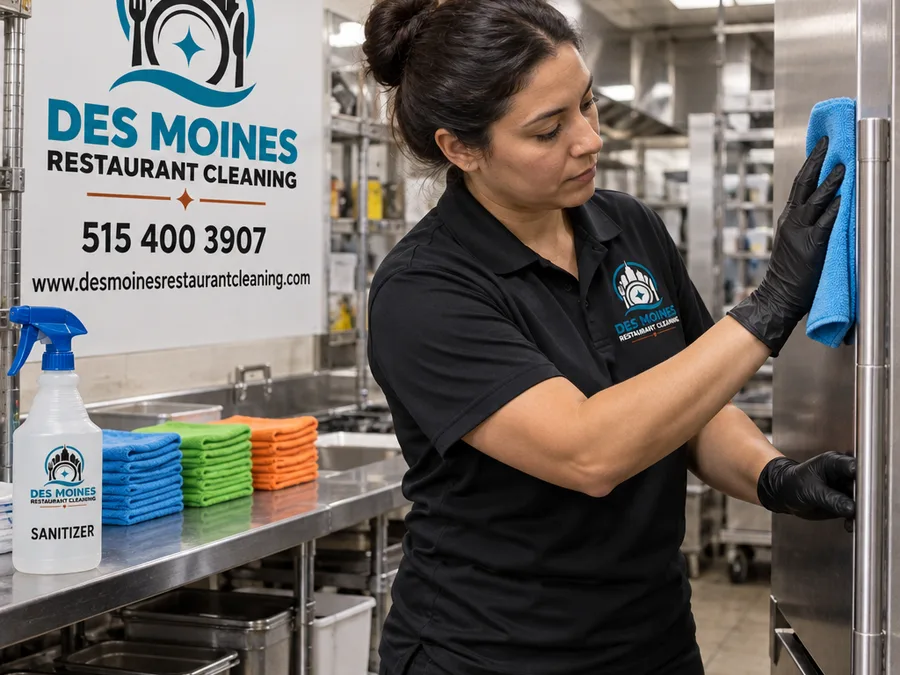 Cleaner wiping stainless surfaces and handles in a restaurant prep area