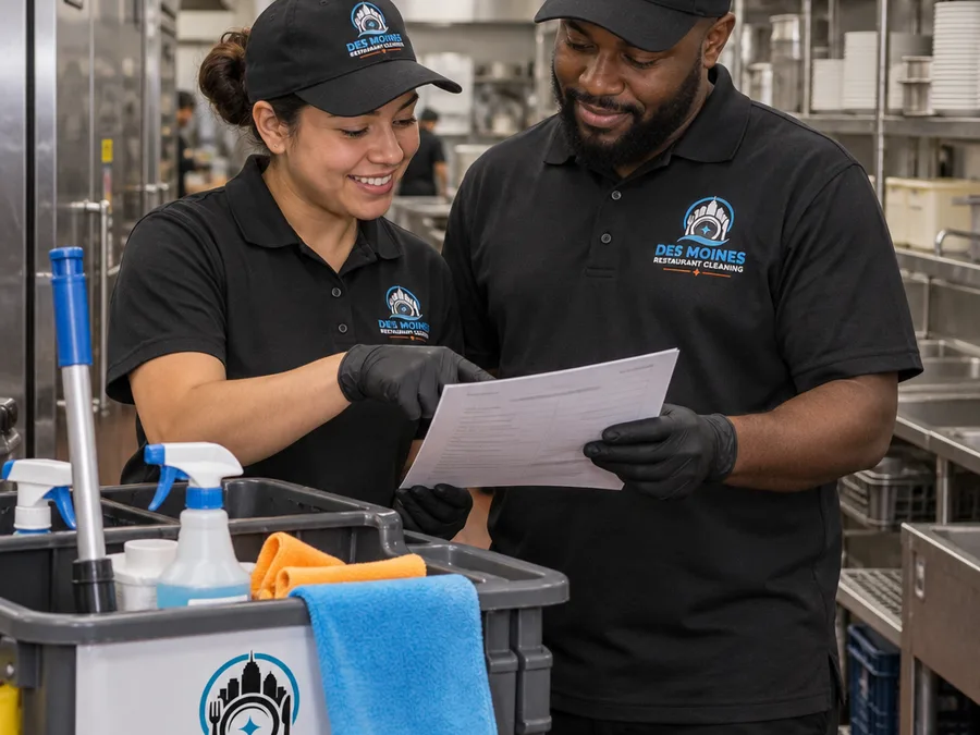 Two uniformed restaurant cleaners reviewing a printed checklist beside a supply cart