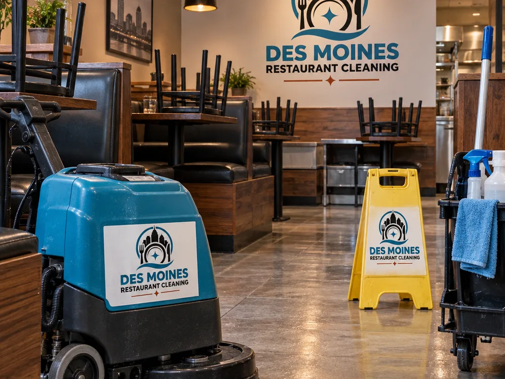 Dining room after-hours floor cleaning setup with chairs staged and equipment ready